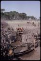 Two boys filling a water trough from a water hole; cattle drinking from the trough, seen from a distance