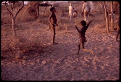 Children playing with a jaqní bird, Lorna Marshall and Wilhelm Camm in the background