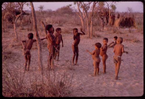 Children playing at a curing dance, girls clapping and singing and the boys dancing like the men