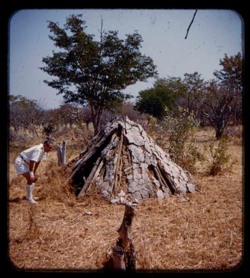 Senhor Simoes looking at an abandoned hut