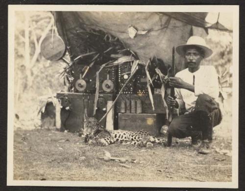 Blas Guerra with leopard and wireless equipment, Ucanal, 1923