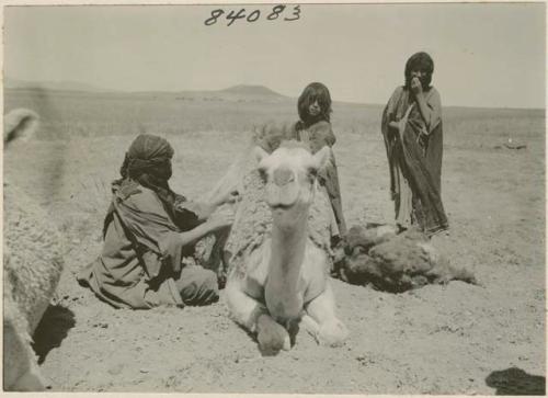 Close shot of man woman and child from Iraq with camel