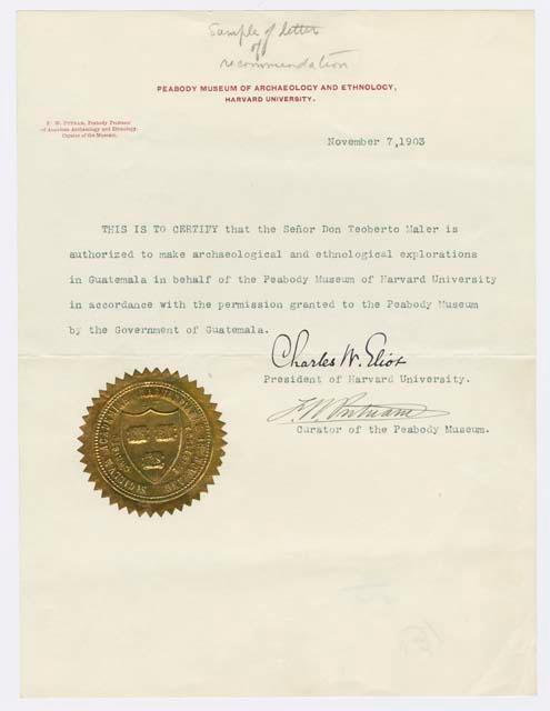 Letter of recommendation from Peabody Museum for Teoberto Maler, November 7, 1903