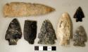 Chipped stone, projectile points, corner-notched, side-notched, stemmed; biface, side-notched