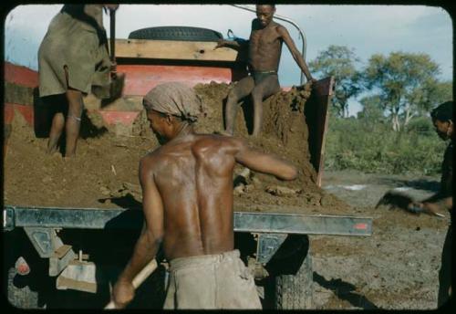 /Ti!kay and another man shoveling fertilizer from the back of the expedition truck