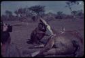 Man butchering dead cattle, with a person sitting near him, another person holding a camera, partially destroyed hut covered with mud in the background