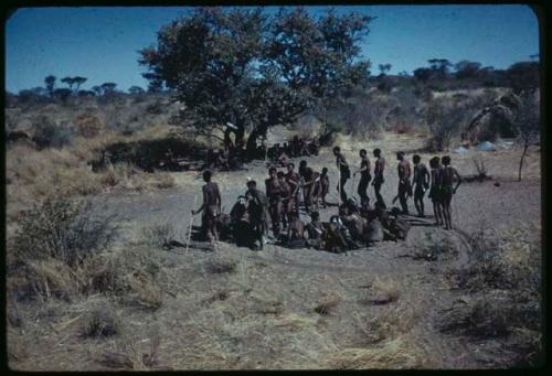 Dance: //Khuga dancing with a line of men around a circle of women sitting at the beginning of a dance, with little boys following "Gao Medicine" (copy of slide 7B-75)