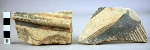 Rim potsherd; 5 potsherds; 1 potsherd with a ledge