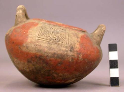 Pottery bowl - painted and handled ware, with 2 incised panels