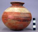 Pottery jar, base red, upper zone white with black ornamentation