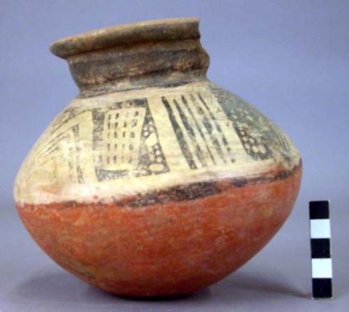 Pottery jar, base red, upper zone white with black ornamentation