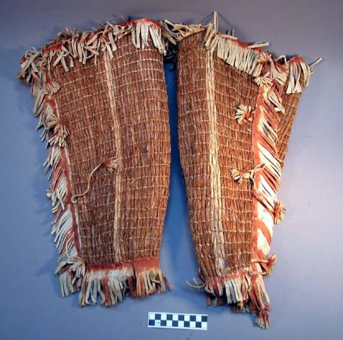 Pair of short leggings. Sage brush bark intermingled with bands of elaeagnus bark.