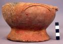 Small pottery bowl - coarse tempered, pedestal, zoomorphic decoration, glaze? (b