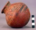 Pottery jar, small, red, black ornemtation on upper zone