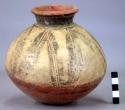 Pottery jar, base red, upper zone white with black ornamentation