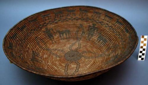 Basket, 3 rod coiled. Human and animal figures, geometric patterns