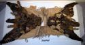 'Poncho' of buckskin trimmed with owl feathers. Horned owl skins sewn on back.