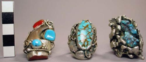 Ring, silver with large turquoise stone, silver leaves, stamped floral design in