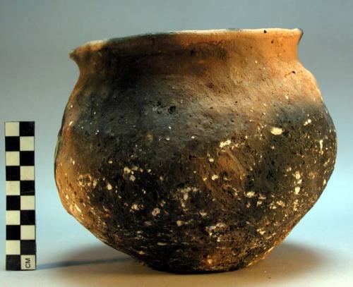 Cooking vessel.  Unslipped pottery.  Rough surface with white granules due to fa