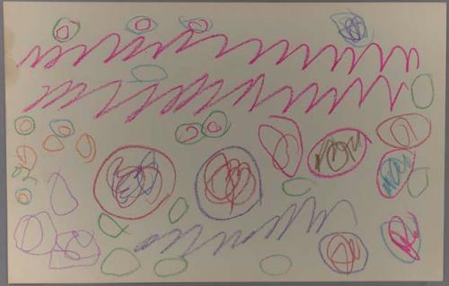 Snaking lines, circles, and circles with swirls inside in pink, purple, red, brown, green, blue, and orange