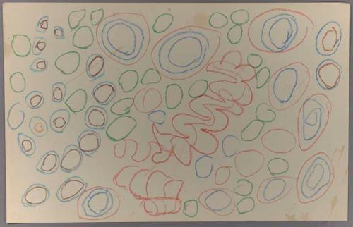 Circles within circles and meandering lines in orange, blue, green, and brown