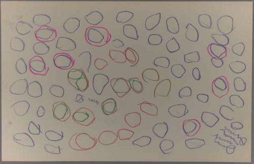 Circles, circles within circles, and short snaking lines in colors