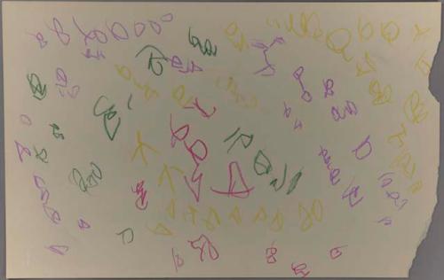 Various shapes of figures and squiggles in green, yellow, pink, and light purple; squiggles in blue and orange on back