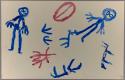 Various shapes of figures in blue and red, including buzzard, buffalo, buck, men, and cigarette box