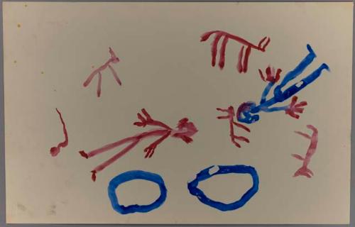 Various shapes of figures in blue and red, including men, aardvark, gemsbok, snake, buck, and flint lighters