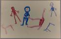 Various shapes of figures in blue and red, including man, giraffe, and gemsbok