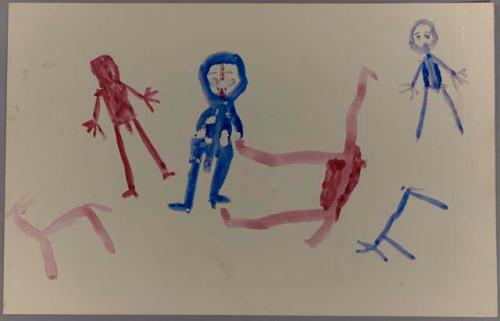 Various shapes of figures in blue and red, including man, giraffe, and gemsbok