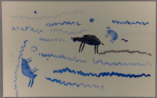 Animal figures and snaking lines in blue and black