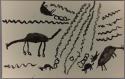 Snaking lines and animal figures in black, including cow, scorpion, and giraffe