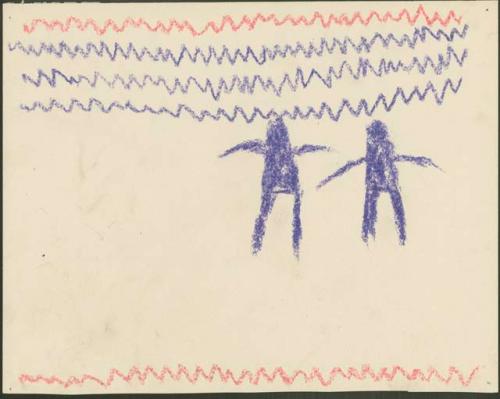 Snaking lines and two human figures in navy and red