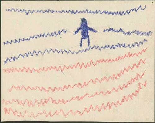 Snaking lines and a human figure in blue and red