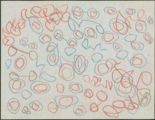 Squiggles and circles within circles in orange, blue, brown, and green