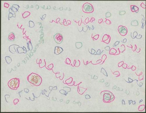 Squiggles and swirled circles in pink, green, blue, and brown; various shapes of circles in pink on back