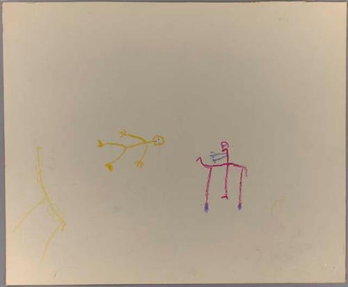 Giraffe, man, and another man on horseback in yellow, pink, blue, and purple