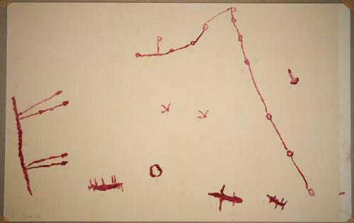 Map, animal tracks, knife, and hand in red