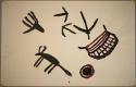 Pubic apron, wooden pot, person's hand, bird tracks, and cow in black and red