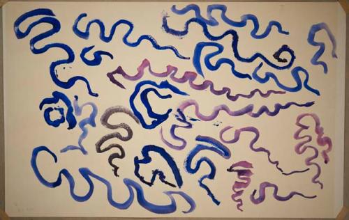 Meandering lines in blue, purple, and black