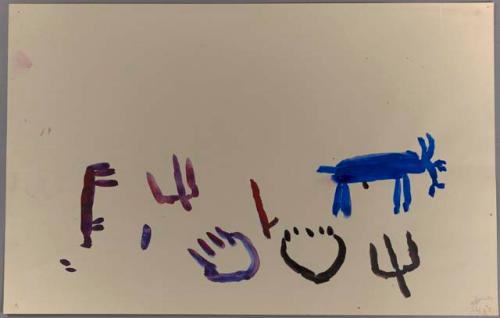 Blue animal with various shapes of figures in red, purple, and black