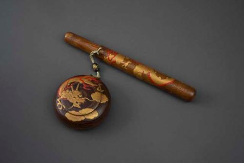 Wooden (and Silver) Opium Pipe Set with Painted Gold Dragon Decor