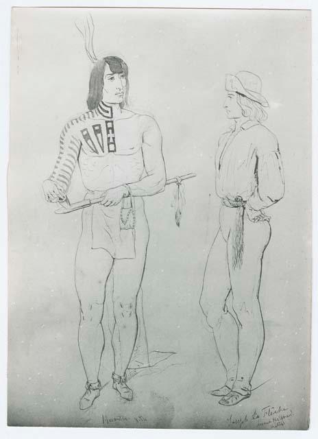 Sketch of Native American with Pipe (Herantia) and Joseph La Fleche by Friedrich