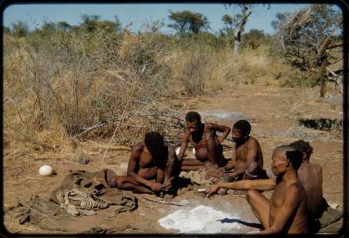 Groups: Men sitting with "Old Gau" at his dwelling place, including "Old ≠Toma," ≠Gao, "Old /Gaishay," and /Qui (Gau's son-in-law)