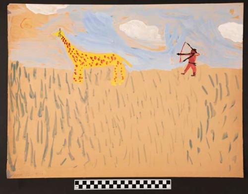 Man aiming bow and arrow at giraffe; grassy foreground, blue sky with clouds and sun, by a Ju/'hoan boy