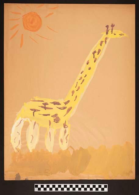 Large giraffe in grass with sun above, by a Ju/'hoan boy