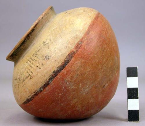 Pottery jar, base red, upper zone white with black ornamentation