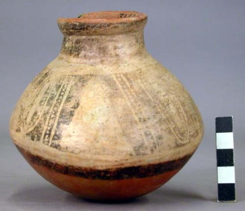 Pottery jar, base red, upper zone white with black ornamentation