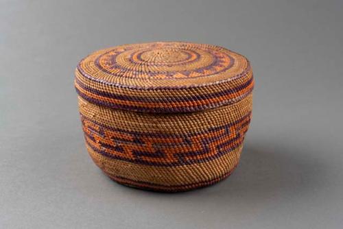 Small cylindrical basket and cover, wrapped twine weaving in white, orange and p